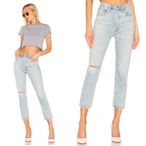 Agolde Riley High Rise Button Fly Cropped Distressed Jeans in Shatter size 27